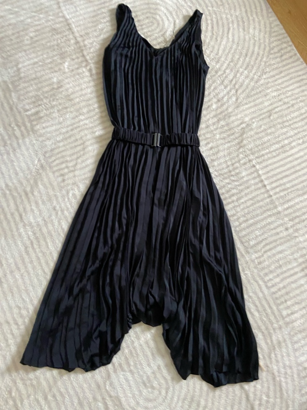 Ramy Brook Black Pleated V-Neck Midi Dress with Belt
